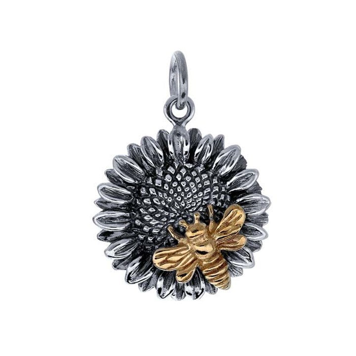 Charm tournesol en argent sterling avec abeille dorée